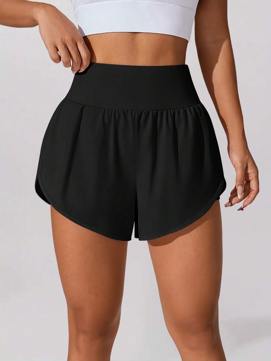 Quần short thể thao co giãn cho nữ Quần cạp cao Quần thể thao năng động Quần chạy bộ quần vợt mùa hè Quần short chống hở bên trong có cạp chun cao, cạp rộng, màu trơn - màu đen - Xem 1