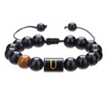 1pc Natural Black Agate 26 Letter Beaded Adjustable Braided Bracelet, Suitable For Various Occasions Like Festivals, Sports, Casual, Business Wear