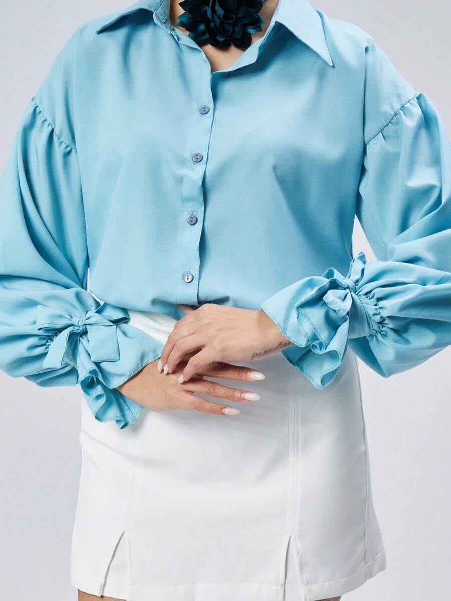 Women's Solid Color Drop Shoulder Long Sleeve Elegant Single-Breasted Summer Shirt - Teal Blue - View 1