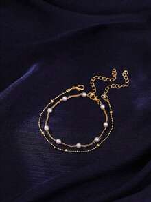 2 件珍珠装饰优雅百搭女士手链，优雅铜链搭配人造珍珠（珠子和珍珠数量随机搭配）