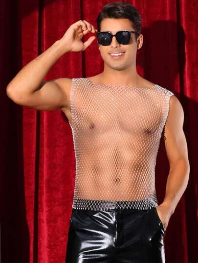 男士波西米亚风格露肩 T 恤背心，饰有闪亮水钻装饰，弹力钻石网眼面料，镂空针织材质，修身无袖设计，适合舞台表演、迪斯科、酒吧、俱乐部、派对