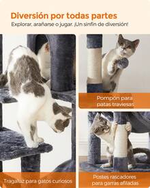 Rascador para Gatos, Árbol para Gatos, Altura 112cm, Torre de Gatos, con 4 Postes Rascadores, 2 Plataformas, 1 Cueva, 1 Hamaca, 2 Pompones, Tela de Felpa, Multinivel, Gris Ahumado - Gris Oscuro - Ver 5