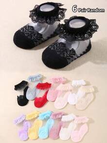 6双随机发货宝宝蕾丝花边公主风时尚可爱玻璃丝透明夏季袜子粉色红色系带女童最爱袜子 - 彩色 - 查看 9