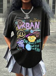 Teen Girls Graffiti Urban Print, Short Sleeve Soft Tee, Street Casual Wear Summer, Girls Tops