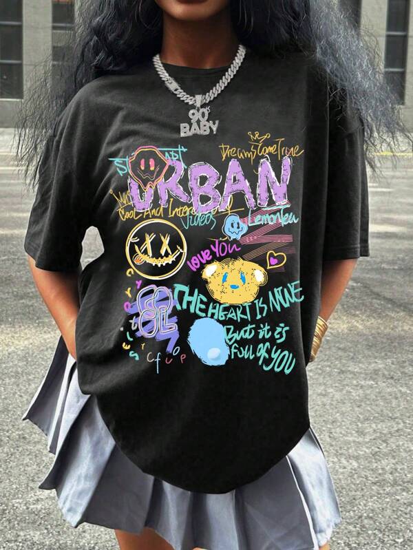 Teen Girls Graffiti Urban Print, Short Sleeve Soft Tee, Street Casual Wear Summer, Girls Tops