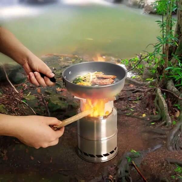 1pc Portable Stainless Steel Camping Stove - Mini Lightweight Wood-Burning Outdoor Cookware For Picnic, BBQ, And Travel Adventure, Uncharged, No Ignition Function, Camping Stove