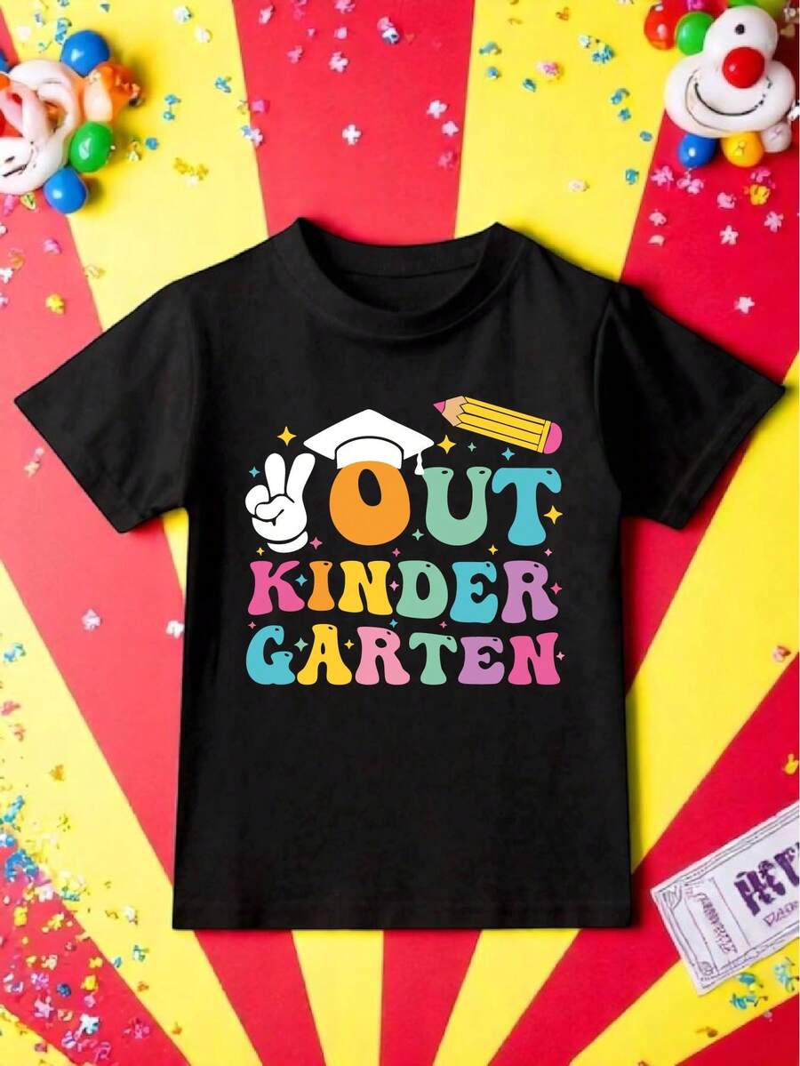 Out Kindergraten Grad T-Shirts, Kindergarten Graduation Shirts, Last Day Of School Short Sleeve Sweatshirts, Grade Gift, Cute Kindergarten Grad Gift MAPA18 - Black - View 1