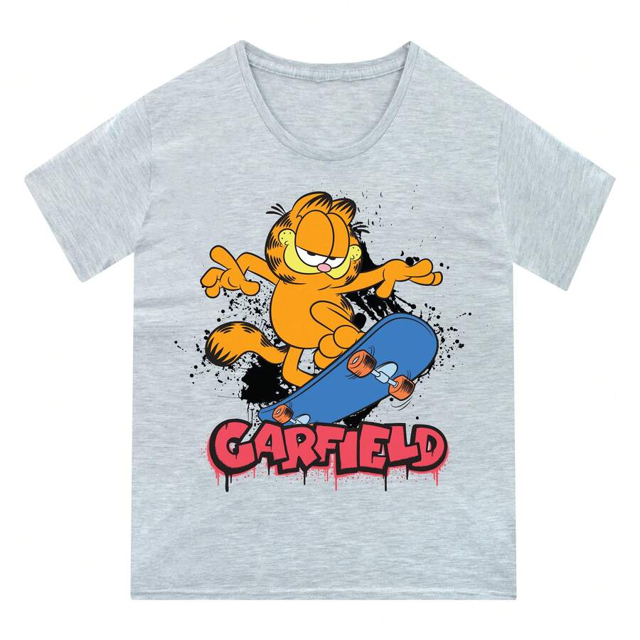 T-Shirt | Garfield Skateboard Boys' T Shirt | Kids' Tops | Fast UK Delivery Shipping | Trusted UK Seller | Great Gift For Kids | Perfect For Summer Holidays, Birthdays And Christmas - Grey - View 1