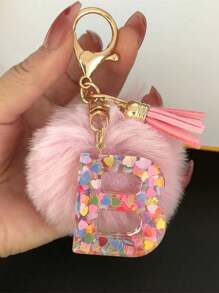 1 Pç Chaveiro de Pelúcia com Letra Inicial do Alfabeto, Chaveiro de Pelúcia com Pompom, Pingente para Bolsa, Mochila, Pingente para Carro, Presente para Mulheres e Meninas, Chaveiro de Resina com Lantejoulas, Acessórios para Carteira e Bolsa, Chaveiro com Borlas, Letra Inicial do Alfabeto A-Y, Escola