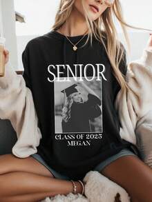 Customized Graduation Shirt, Personalized 2025 Graduation Photo T-Shirt, Customized Graduation Student T-Shirt, Personalized 2025 Family T-Shirt, Custom Senior Graduation Shirt, 2025 Class Uniform Shirt, Family Graduation T-Shirt, Comfortable Casual Tops For Spring And Summer - Black - View 2