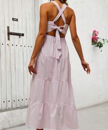 Vestido dama mujer largo rosa estampado margaritas blancas tirante ancho escote recto espalda al aire algodon 100 olanes capas romantico dulce - Estampado Rosa con blanco - Ver 4