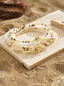 7pcs/Set Women Beach Vacation Seashell Starfish & Rice Bead Bracelets Boho Style Bangles