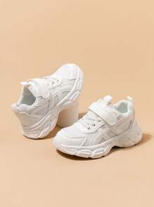 1 Pair Children Sports Shoes, White Breathable Mesh Hook & Loop Closure, Girls Athletic Shoes, College Style, All Season Wear, Lightweight & Comfortable, Boys Casual Sports Sneakers