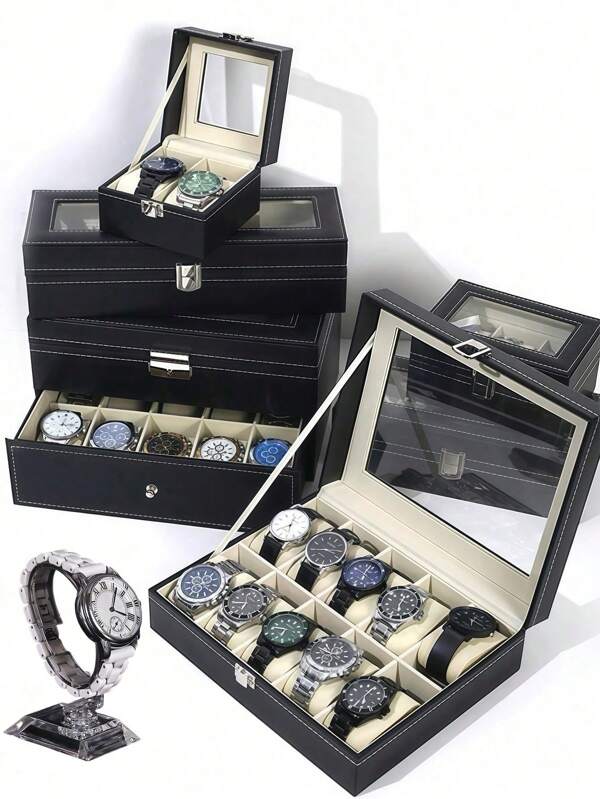 1pc12 Slots Waterproof Pu Leather Watch Storage Box, Watch Gift Box, Travel Watch Storage Box, Multi-Slot Watch Display Stand, Luxury Large Capacity Watch Storage Box, For Men And Women, Elegant Black PU Leather Case With Safety Barrier - Can Hold Watches, Home Organization And Storage Items, Room Decoration, Men's Gift, Women's Gift
