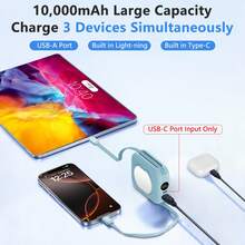 LUCKYDUO 10000mAh 移动电源内置 2 条电缆，LED 显示屏快速充电电池组，带镜子的便携式充电器，旅行必备，超薄电池组，兼容 和其他 Type-C Android 手机，适合夏季假期户外旅行/露营和紧急备用移动电源，适合送给家人、朋友、生日电量显示的礼物 - 藍色 - 查看 3