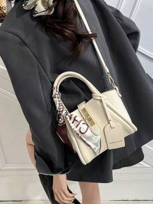 1 件时尚简约扣式 PU 挎包单肩托特包手提包配围巾，适合日常使用 - 白色 - 查看 4