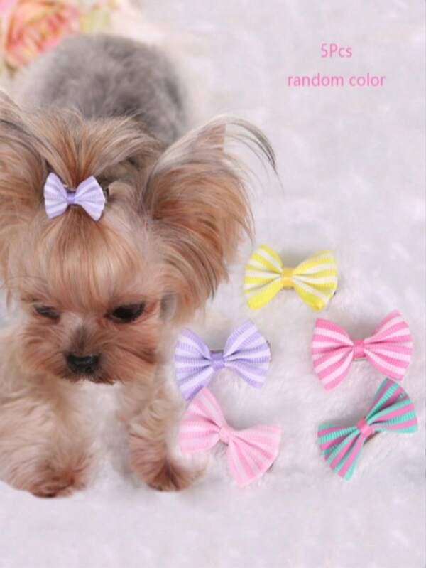 5-Piece Striped Printed Small Hairpin Yorkshire Teddy VIP Pet Cat And Dog Hairpin Ribbon Hairpin Bow Hairpin Pet Dog Hairpin Beautiful Lovely Random Color