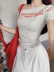 American Letter Printed Asymmetrical Shoulder Crop Top Tee Shirt, Slim Fit Summer Sexy Top For Women - Grey - View 4