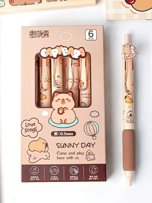 Zestaw 6 długopisów żelowych Capybara, 0,5 mm czarny tusz, cienkie końcówki do pisania, artykuły biurowe i szkolne dla dziewcząt, chłopców i nastolatków, powrót do szkoły