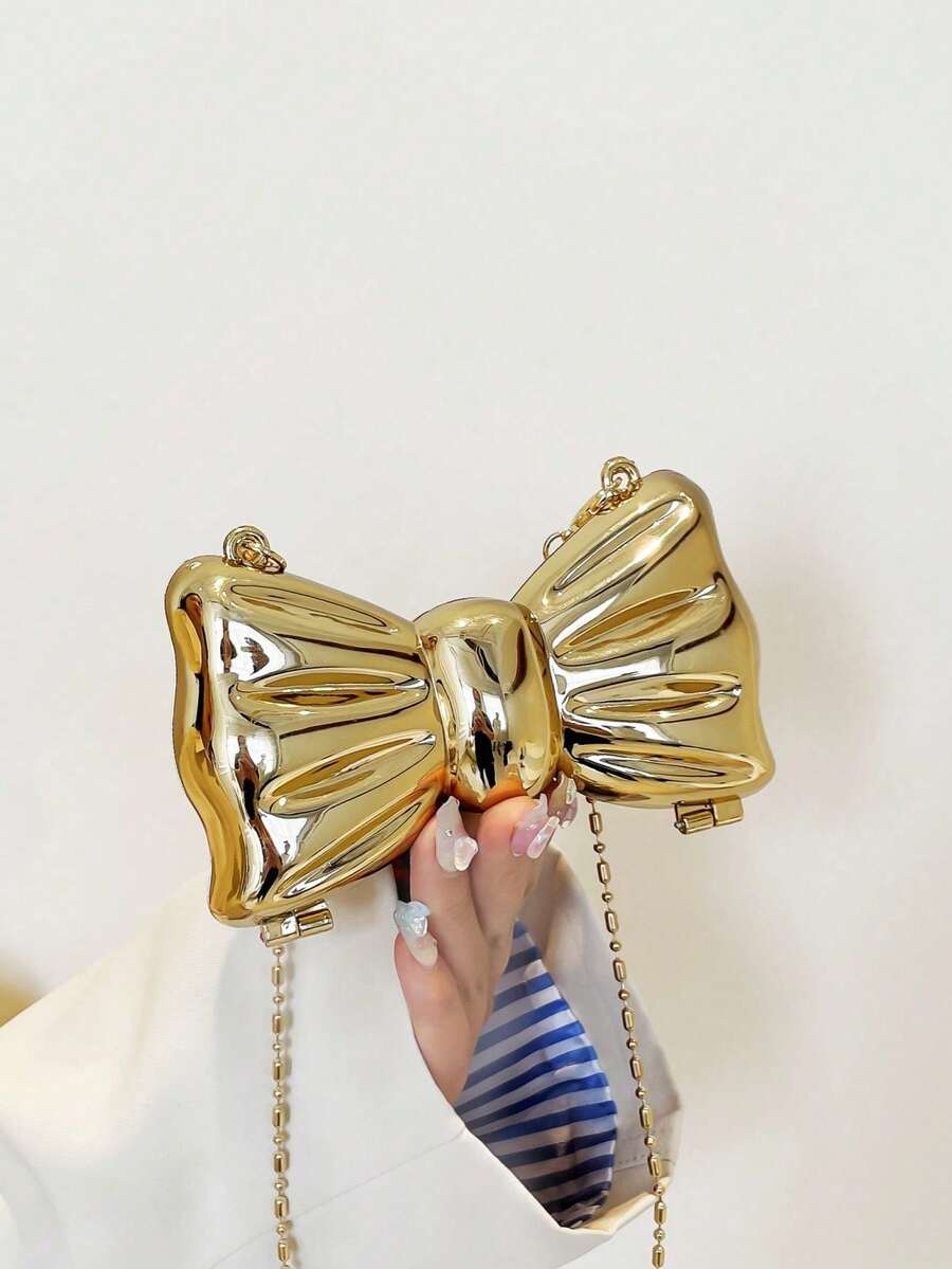 蝴蝶结形迷你晚宴包，女士个性时尚链条斜挎包，适合派对和约会，金色耳机袋，女士装饰配饰包 - 金色 - 查看 1