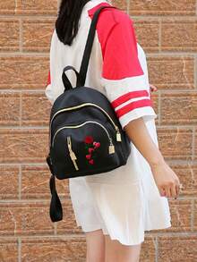 印花玫瑰图案简约女士背包，尼龙面料，学院风，休闲，旅行，多功能 - 黑色 - 查看 4