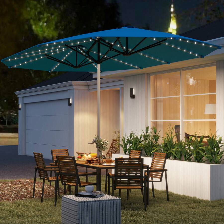 15ft Patio Umbrella Solar Lights UPF50+ Outdoor Umbrella - 藍色 - 查看 1