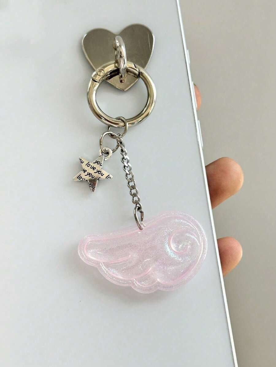 1 chiếc móc khóa hình ngôi sao sáng bóng xinh xắn phong cách Hàn Quốc dành cho nữ có móc khóa hình cánh thiên thần - Hồng - Xem 1