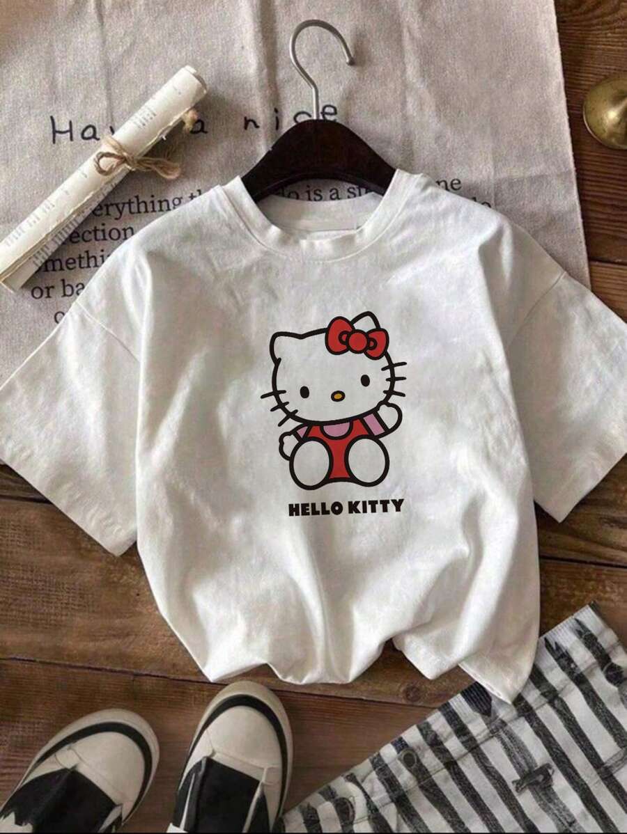 Sanrio Oversized Sanrio Hello Kitty Cute Print T-Shirt, Summer Basic Women Tops, Hello Kitty Summer Oversized T-Shirt