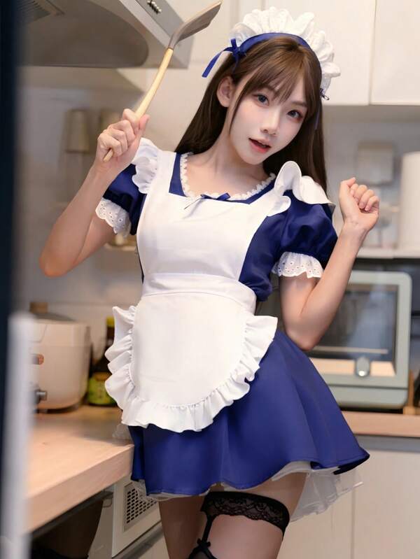 1pc Angel Maid Style Short Lolita Dress, Cafe Maid Costume Without Crinoline