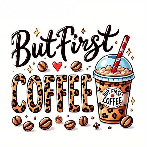 1pc/2pcs/3pcs Leopard Print Coffee Cup Heat Transfer Sticker - "Coffee First" Design With Paw Print, Durable Plastic Heat Press Decal For Jeans, T-Shirts, Hoodies, Bags, Pillows - Pet Lover DIY, Coffee Shop Decor, Clothing Personalization, Fun Graphic Sticker, Vibrant Colors