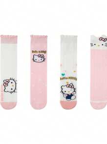 Sanrio 1Pair Sanrio Hello Kitty Women'S Knee-High Socks, 100% Polyester, Breathable Mesh, Cute Animal Pattern, Comfortable Knit Fabric, Long Tube Sports Socks,
