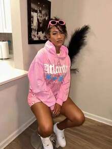 Hip Hop Spider Hoodies Set Y2k Hoodie Tracksuit Pullover Sweatshirt For Women Men Matching Hoodies Street Suit Two-Piece Set  Casual - Playful & Cute    Letter    Spring/Fall    Regular Fit    Drawstring  Pocket - Hồng - Xem 3