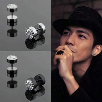 1 Pair Fashion Stainless Steel Round Stud Earrings With Synthetic Cubic Zirconia