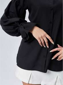 Women's Solid Color Drop Shoulder Long Sleeve Elegant Single Breasted Blouse, Summer - Black - View 3