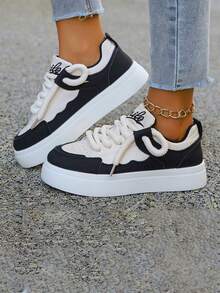 Mode Farbblock Lässig Weiße Sneaker, 2025 Frühling/Sommer Neue Vielseitige Segeltuch Schuhe, Schüler Schnürsenkel Plattform Dicke Sohle Komfort Sportschuhe für Damen - Schwarz und Weiss - Übersicht 6