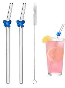 6er Pack wiederverwendbare Glas-Trinkhalme mit Schleifen-Charm - bruchsichere gebogene Trinkhalme Set + Reinigungsbürste - elegante Trinkhalme für Cocktails, Smoothies & kalte Getränke (20cm)