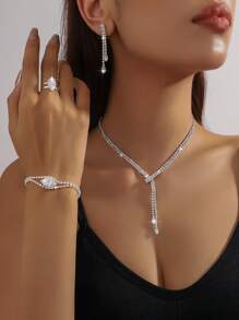 Conjunto de 5 peças de colar, brincos e pulseira geométrica de zircônia cúbica de luxo | Presente de casamento, viagens diárias, festas e feriados | Joias versáteis de alta qualidade