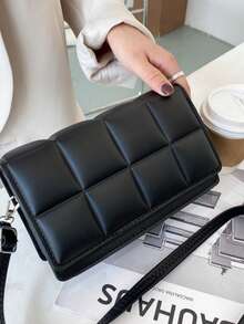 简约时尚方形斜挎包、时尚都市翻盖单肩斜挎包、百搭格子方形钱包 - 黑色 - 查看 4