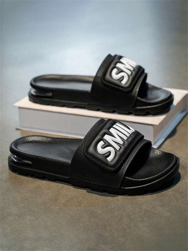 Men's Cushioned Elastic Non-Slip Casual Letter Print Slippers, Basic Black Beach/Pool Casual Hollow Breathable Slide Sandals For Summer Vacation Home Outdoor