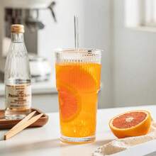 600毫升/21盎司大容量水瓶套装，新款夏季女士玻璃杯，带盖吸管，竖条纹玻璃杯，耐热玻璃咖啡杯，带盖吸管 - 防漏便携式热饮杯，适合办公室和户外旅行 - 大紋竹節吸管杯(杯+蓋+吸管) - 查看 10