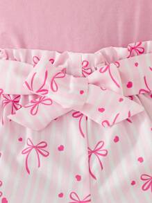 Girls Spring/Summer 3pcs Set: Cold Shoulder Strap Solid Color Top + Butterfly Print Shorts + Belt