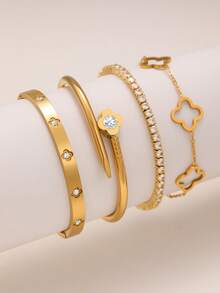 Bộ vòng tay & vòng tay bằng thép không gỉ hình cỏ ba lá 4 lá bằng đá Zirconia, thích hợp để đeo hàng ngày, trang sức cho phụ nữ, hoàn hảo làm quà tặng đám cưới và những dịp đặc biệt - Vàng - Xem 2
