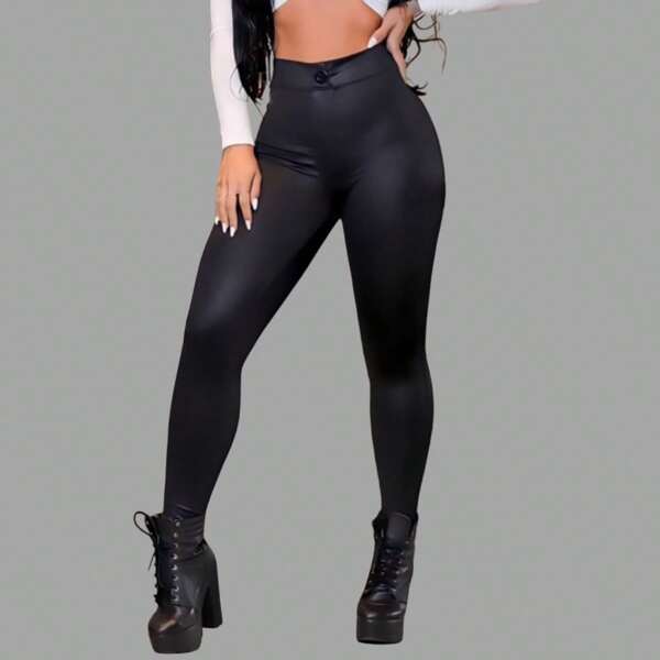 Calça Disco Skinny Cirrê Hot Pants Cintura Alta Couro Fake Com Bolso