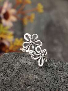 1 Pc European Style Flower Design Adjustable Open Ring For Women - Silver - View 6