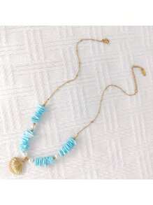 1pc Stainless Steel Gold-Color Chain Natural Stone Beaded Necklace, Suitable For Women Traveling And Vacation Wear