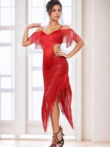 亮片流苏拉丁舞裙，闪亮网纱舞裙，闪亮派对礼服