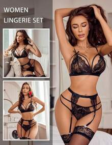 Women Lingerie Set Lace Teddy Strap BabydollBodysuit With Garter Belts - 黑色 - 查看 5