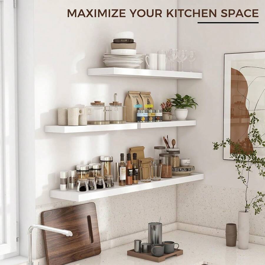 1pc/3pcs Wall Mount Shelves, One-Piece Floating Shelves Display Rack, Living Room Wall Hanging Storage Shelf, Minimalist Design - White - View 1