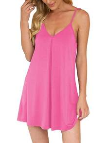 Nightgown Women Loose Sleepwear Pajama Dress Soft Nightshirt Sleeveless Nightdress Chemise - 粉色 - 查看 1