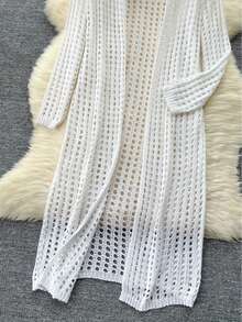女士休闲时尚针织开衫，纯色宽松镂空设计优雅外套针织开衫，波西米亚风格，海滩度假，春夏款 - 白色 - 查看 3
